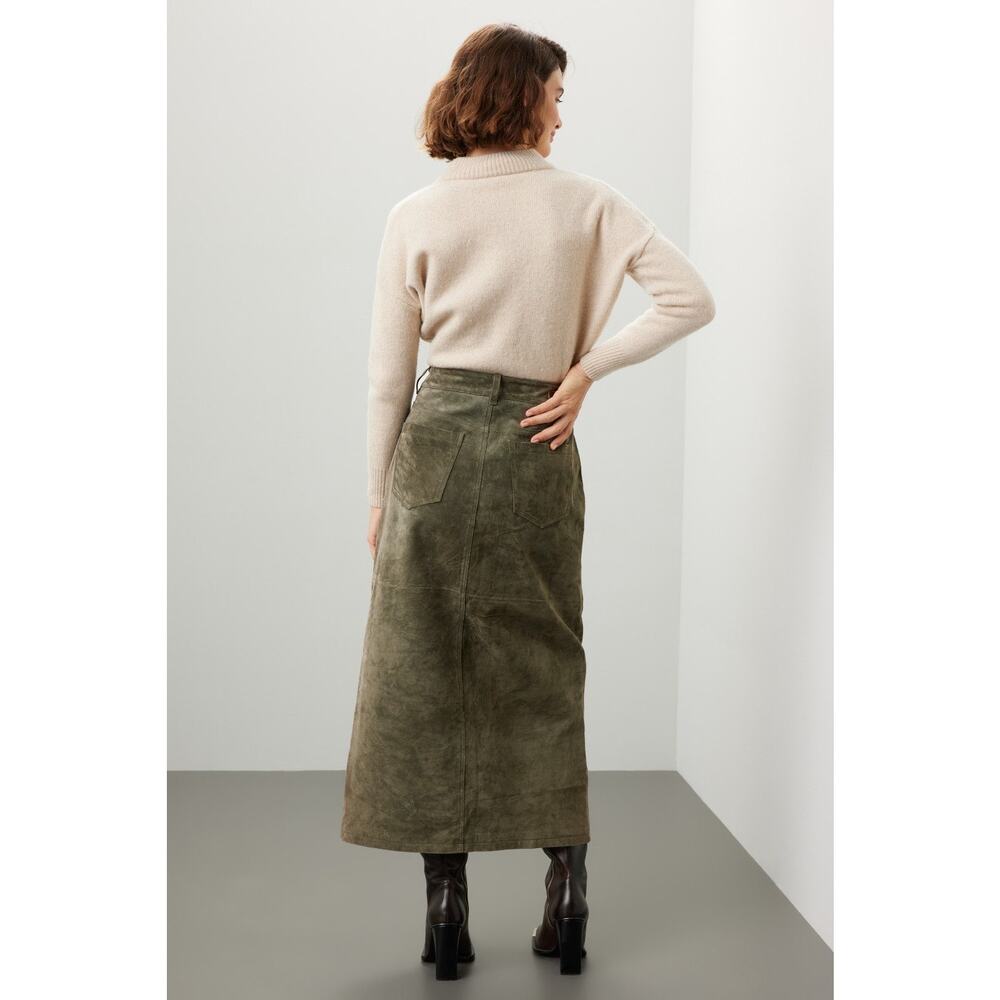BlankNYC Hunter Green Retro Suede Leather Front Slit Pencil Midi Skirt Size 27 - Picture 3 of 16